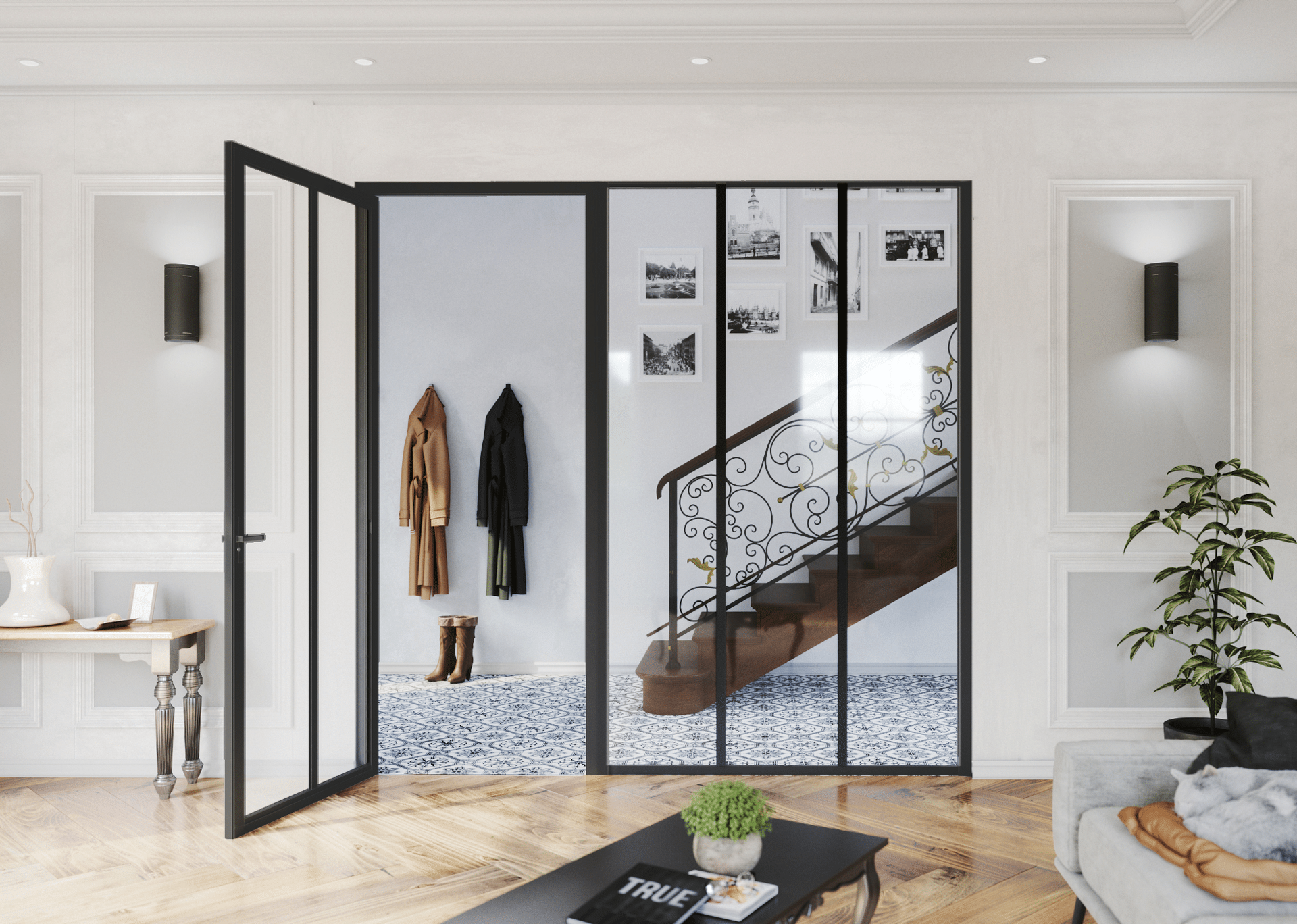 Entrée avec un escalier en bois et des porte-manteaux muraux