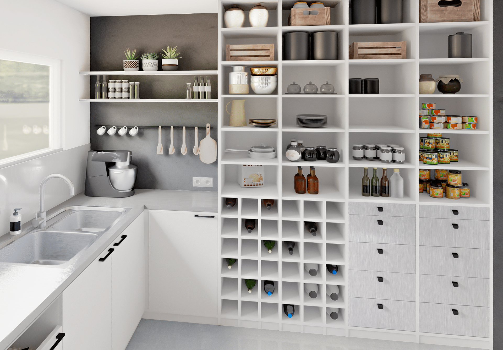 Cuisine avec des placards blancs et des vins