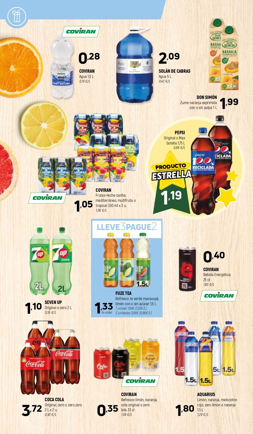 Un volante de una tienda de comestibles muestra una variedad de bebidas y jugos.