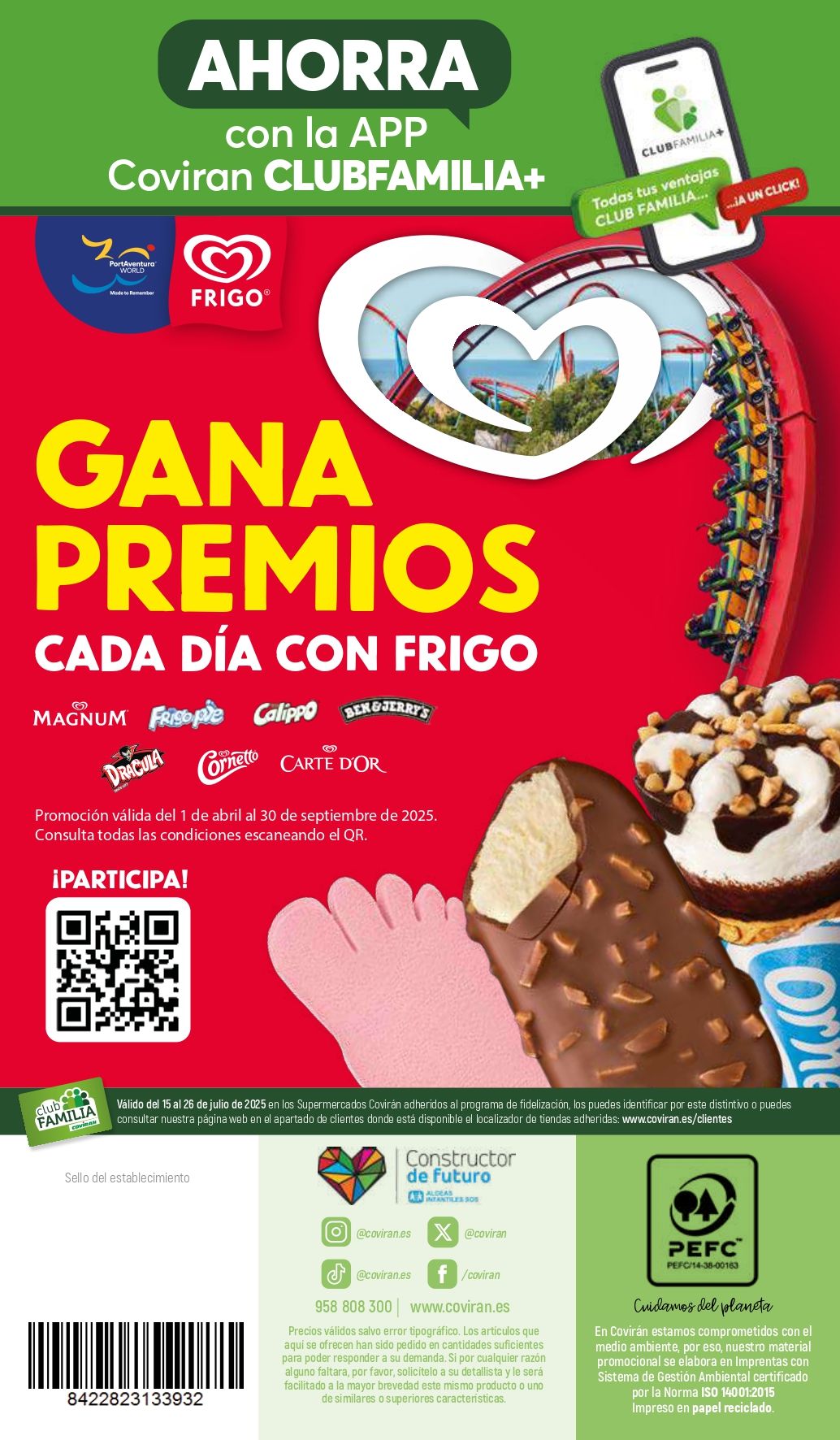 Un volante de una heladería con una montaña rusa de fondo.