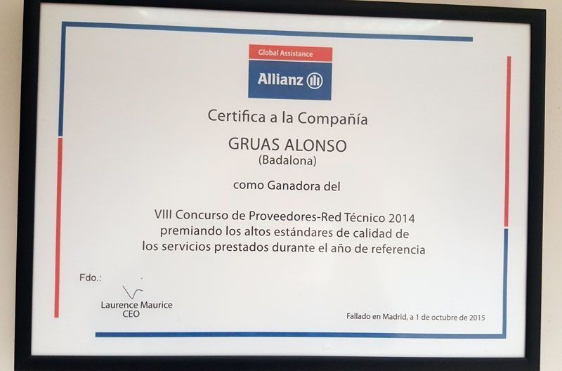 Un certificado que dice Gruas Alonso.