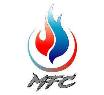 Logotipo de MFC con una llama estilizada en rojo y azul dentro de un anillo. Texto gris con pinceladas debajo.