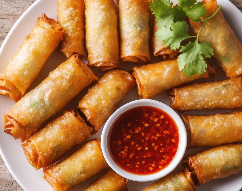Assiette de rouleaux de printemps dorés avec un petit bol de sauce rouge.