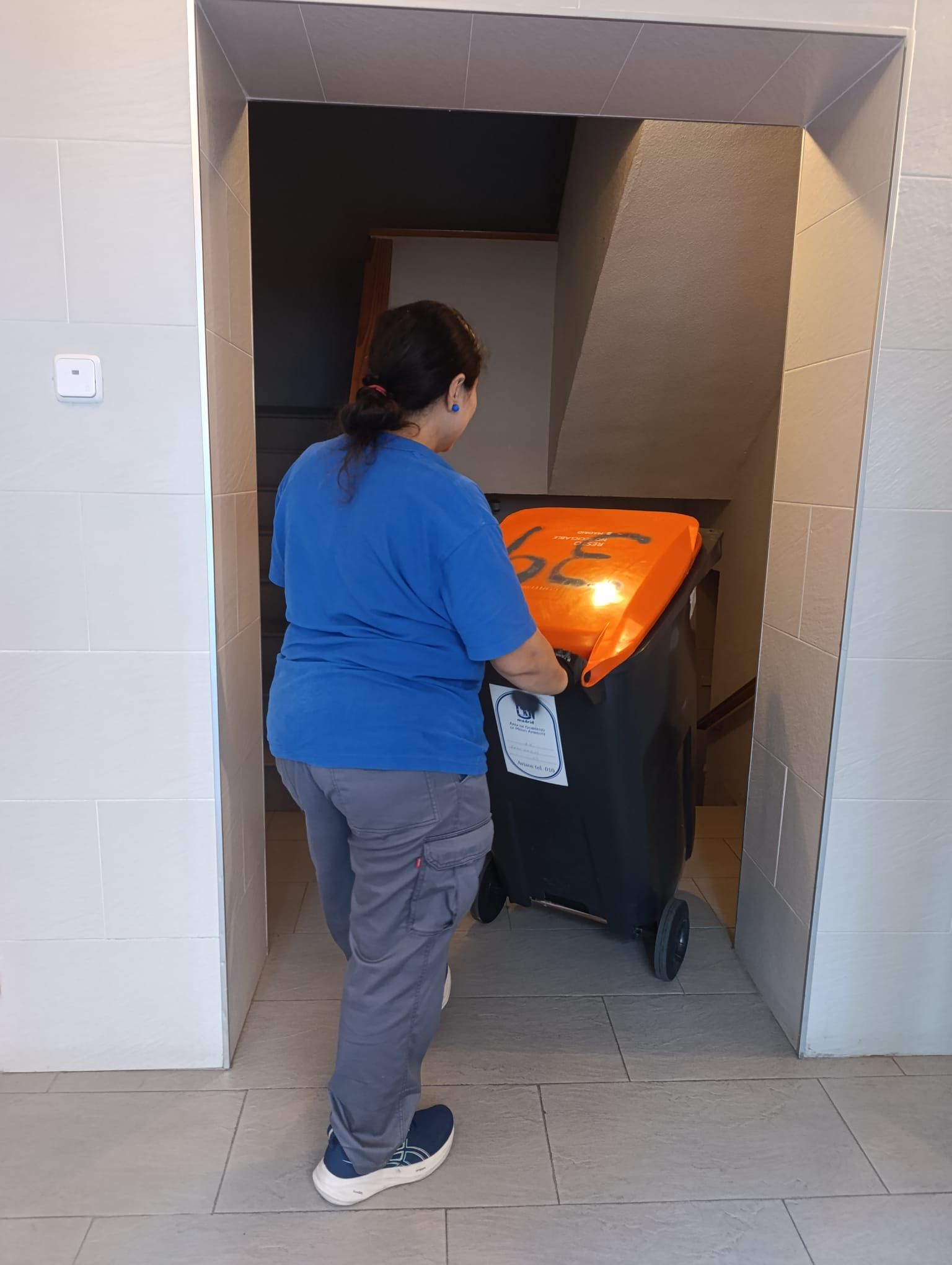 Mujer vestida de azul empujando un gran contenedor de basura con ruedas hacia una escalera.