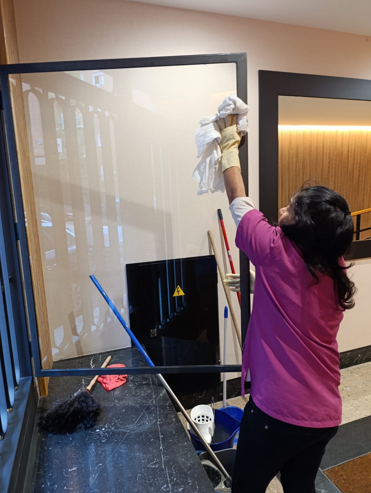 Mujer con camisa rosa limpiando un panel de vidrio. Cerca hay productos de limpieza y una caja negra con un símbolo de advertencia amarillo.