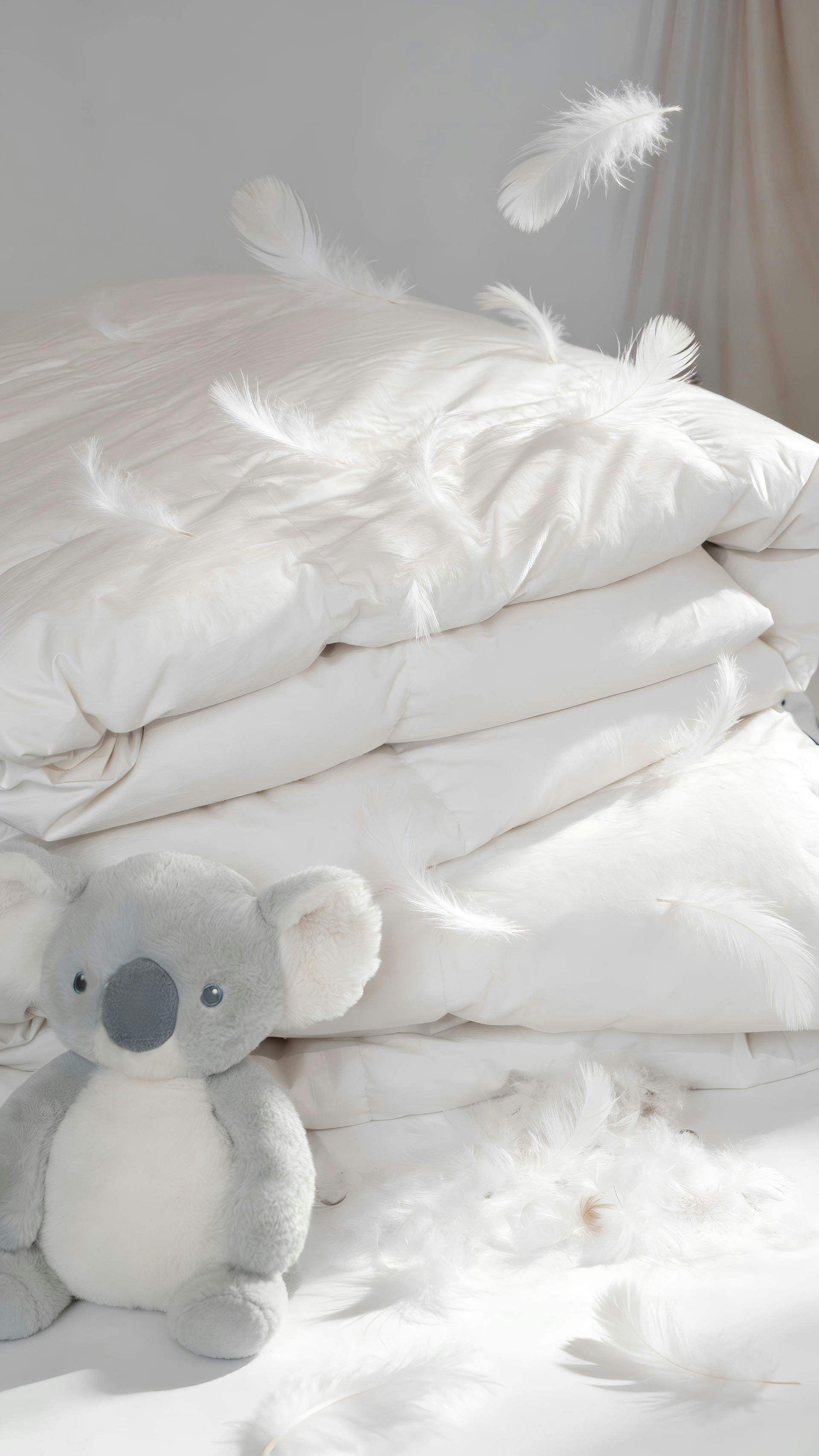 Un suave peluche de koala gris descansa junto a una pila de sábanas blancas dobladas, rodeadas de plumas blancas flotantes.