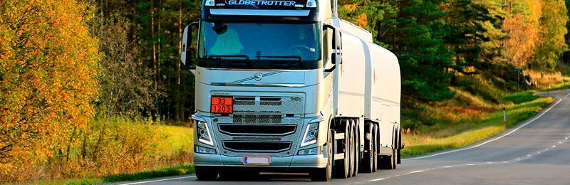 Un camión semirremolque blanco circula por una carretera rural.