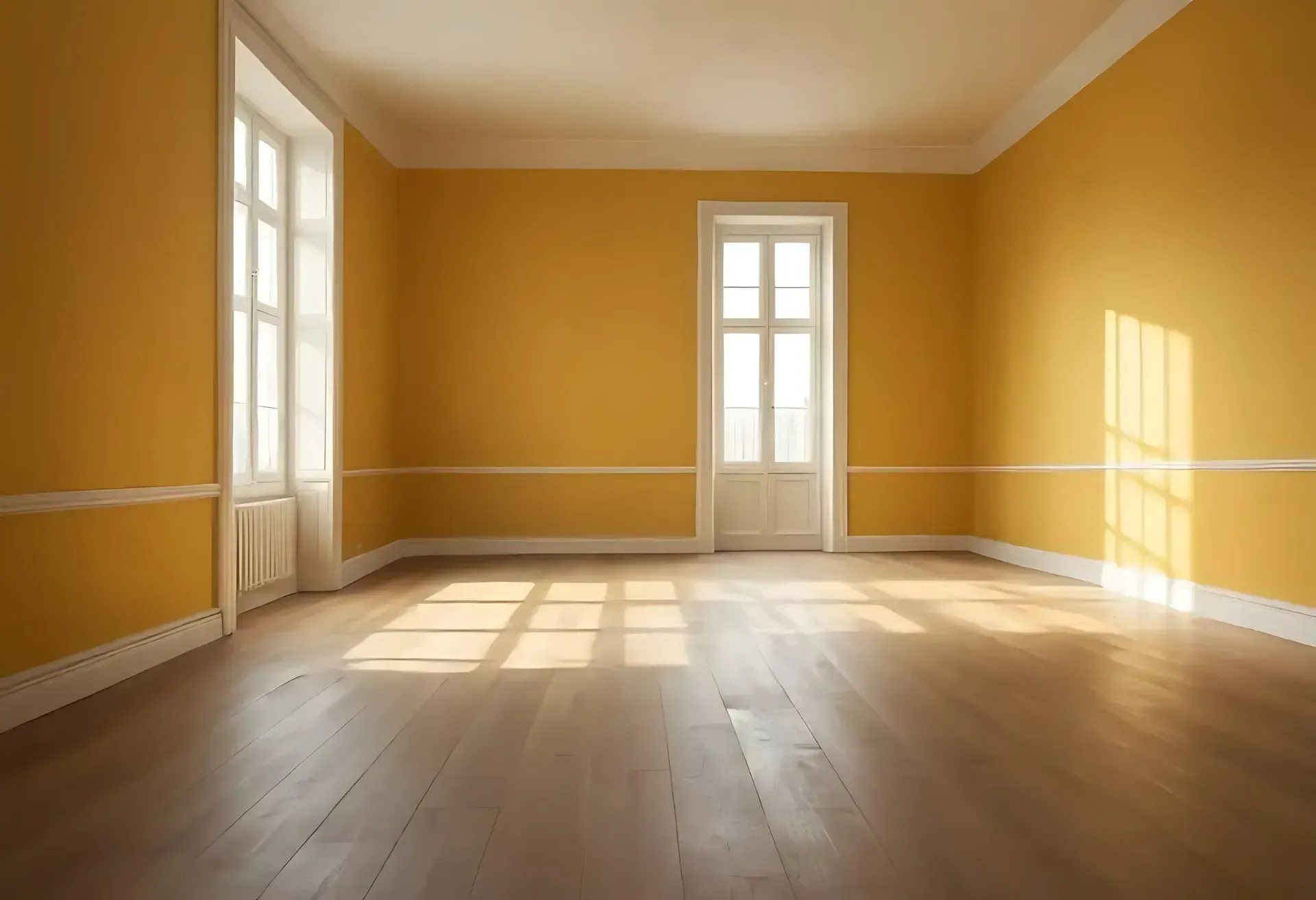 Una habitación vacía con paredes amarillas y suelo de madera.