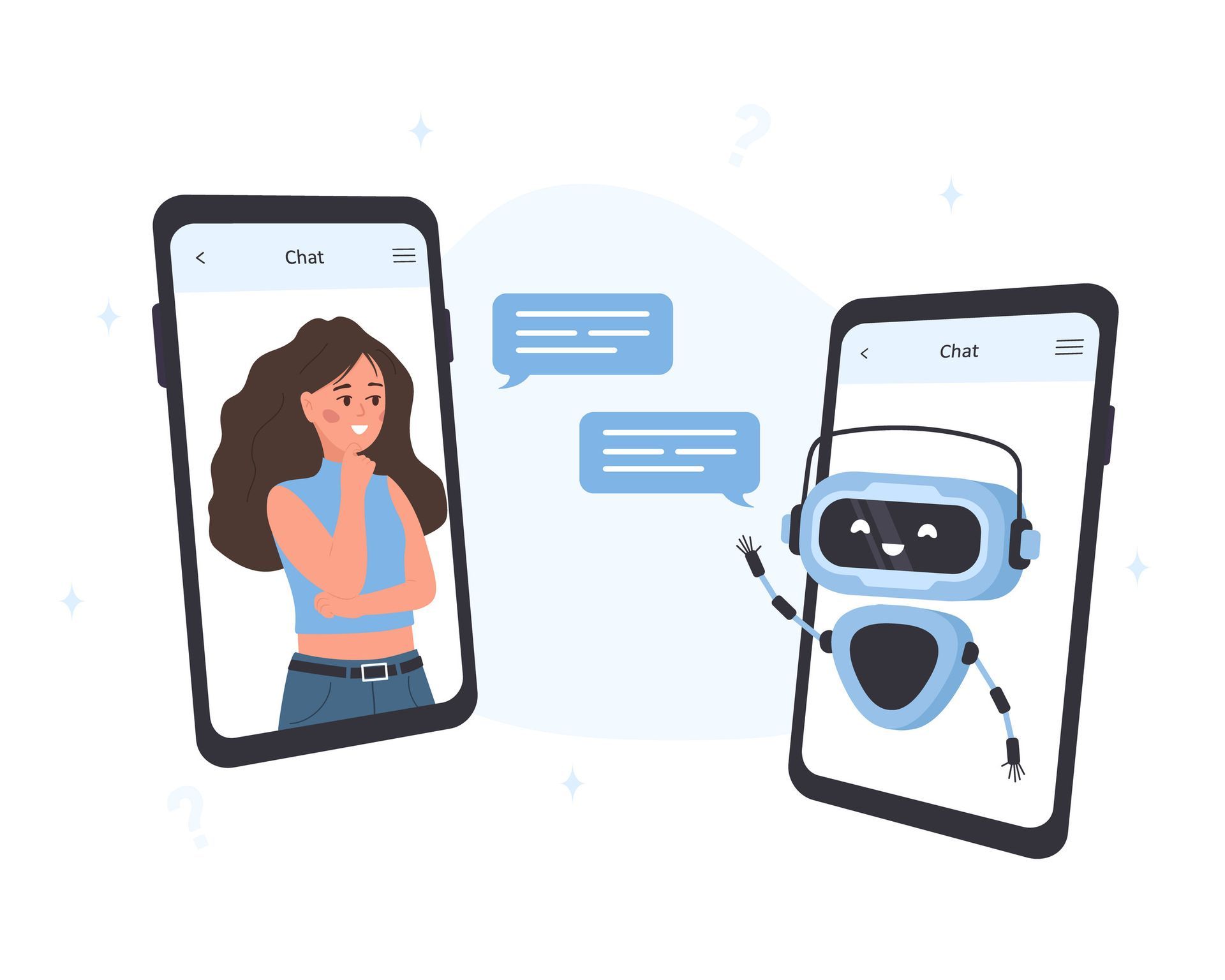 Dos smartphones muestran una conversación entre una mujer sonriente y un simpático robot. El fondo es azul claro.