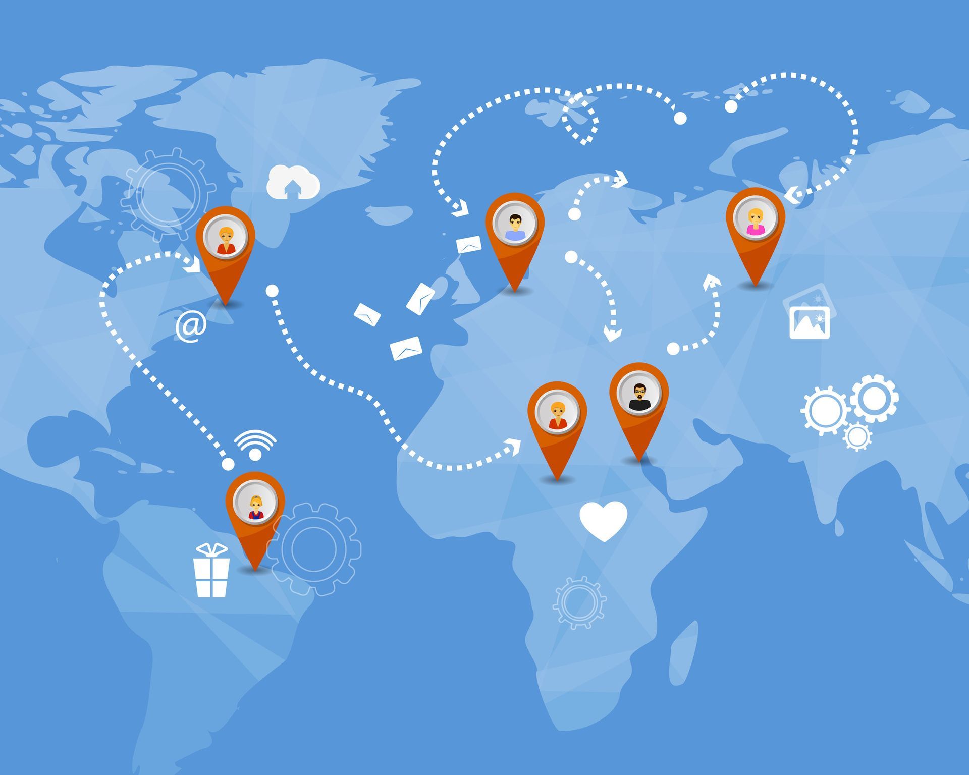 Mapa mundial con marcadores de ubicación de color naranja conectados por líneas de puntos, lo que indica la comunicación y el uso compartido de la red global.