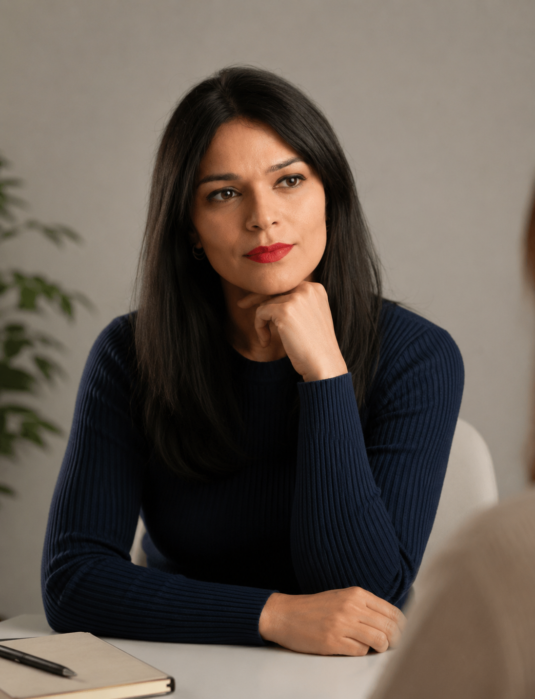 Una mujer de cabello oscuro, con un suéter azul marino, apoya la barbilla en la mano mientras está sentada a una mesa, con expresión pensativa.