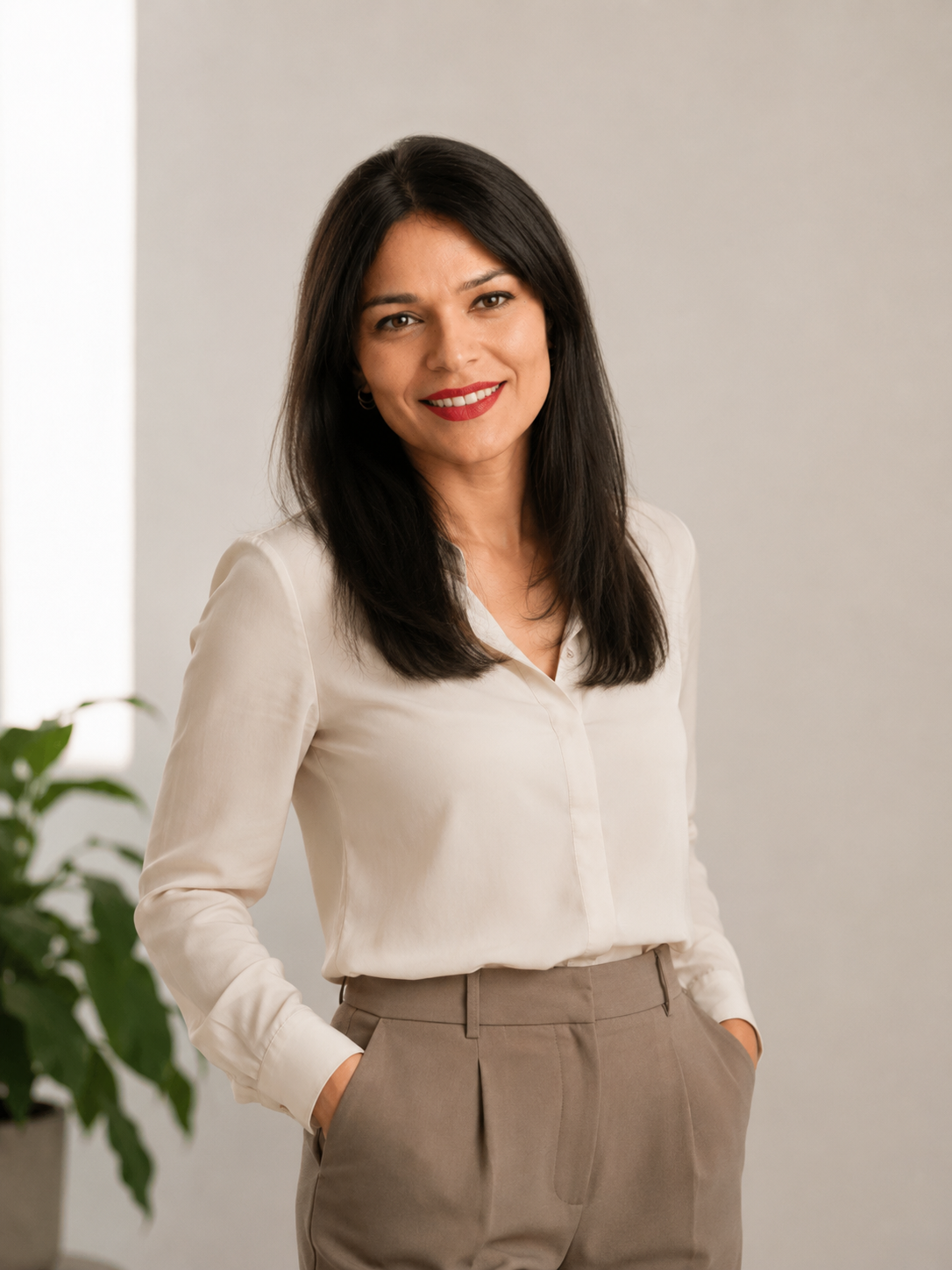 Mujer de pie en el interior de un edificio, sonriendo, con blusa blanca y pantalones beige, con las manos en los bolsillos.
