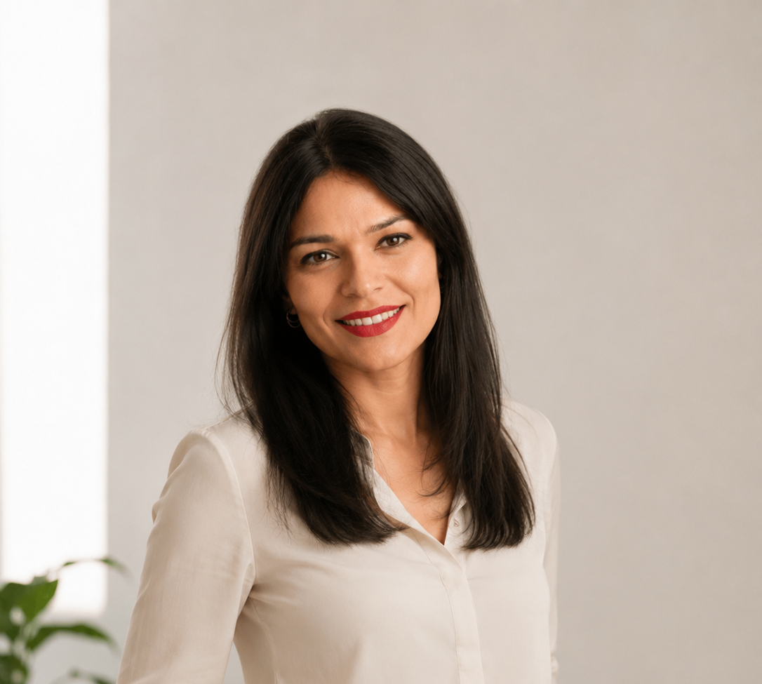 Mujer sonriente de cabello oscuro con blusa blanca sobre un fondo claro.