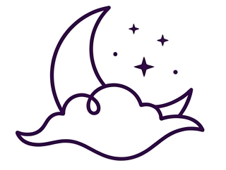 Luna y estrellas dibujadas con líneas moradas sobre una nube sobre un fondo blanco