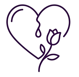 Corazón de líneas moradas con una gota y un tallo de rosa en su interior, que simbolizan el amor y el cuidado.