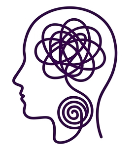 Dibujo abstracto de líneas moradas de una cabeza humana con pensamientos enredados en el cerebro y una espiral en el cuello.