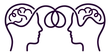Dos siluetas de cabezas moradas reflejadas con formas de cerebro entrelazadas, que simbolizan el pensamiento compartido o la conexión.