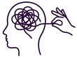 Dibujo lineal de una cabeza con el cerebro enredado y una mano que tira de un hilo, simbolizando el estrés mental.