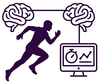 Silueta púrpura corriendo hacia un monitor con gráficos y un cronómetro, flanqueada por dos cerebros arriba.