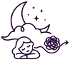 Dibujo lineal de una persona durmiendo bajo nubes y estrellas, con una luna y una nube de pensamientos enredados cerca.