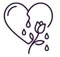 Contorno de corazón con una flor marchita y gotas cayendo en un dibujo lineal de color morado oscuro.