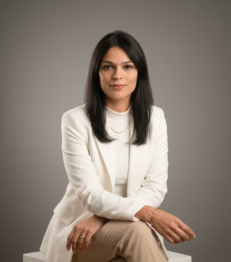 Persona sentada frente a un fondo de estudio gris, vestida con un blazer blanco y pantalones beige, mirando a la cámara.