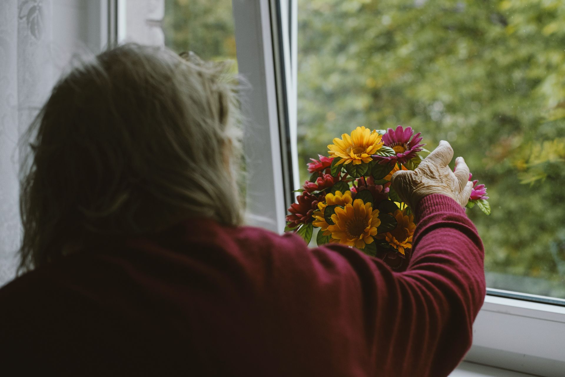 Una persona coloca un colorido ramo de flores en el alféizar de una ventana, mientras observa la vegetación que hay fuera.