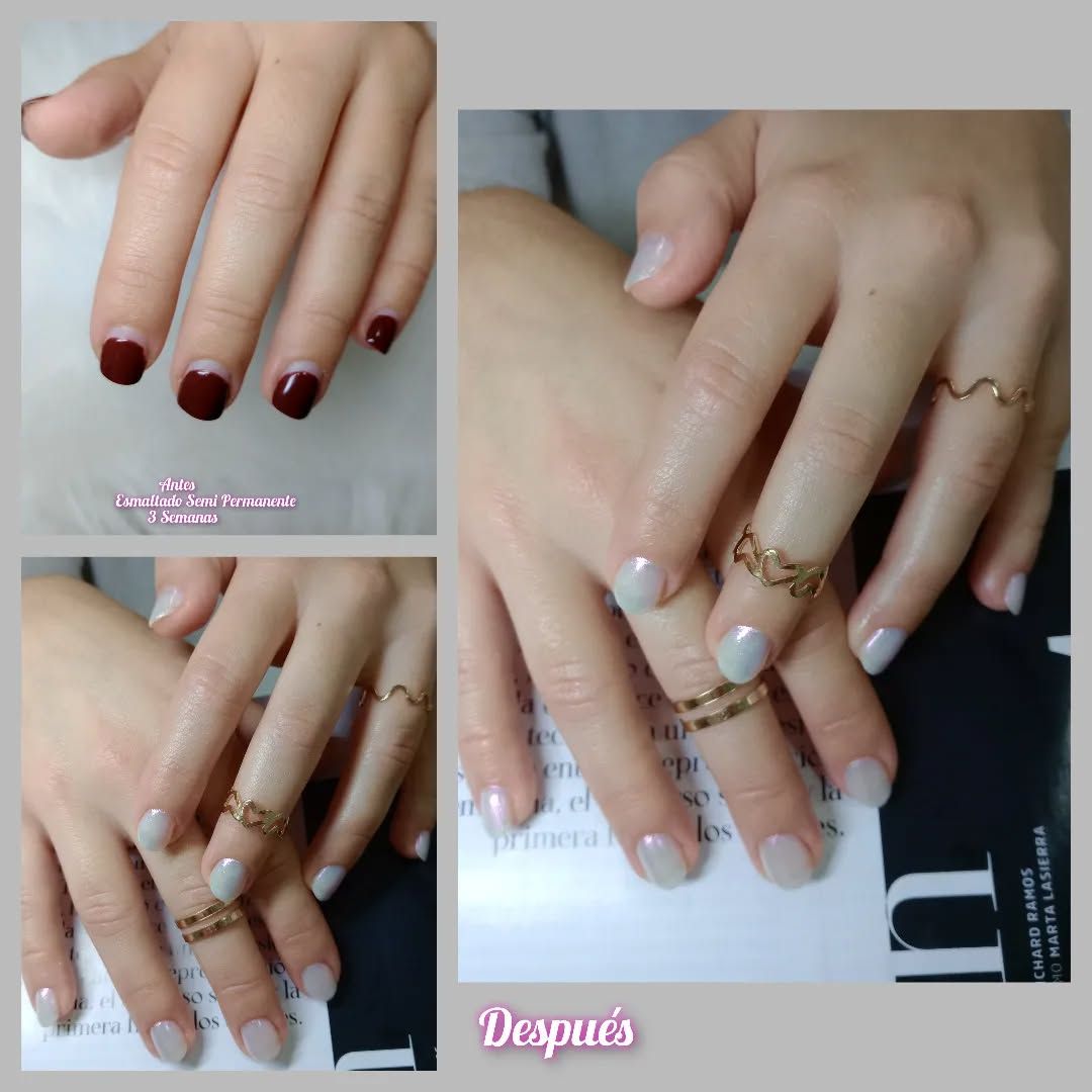 Se muestran las uñas de una mujer antes y después de una manicura.