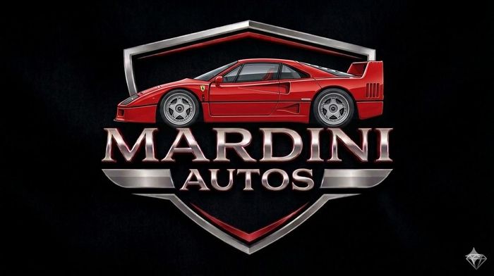 Logotipo de coche deportivo rojo con “MARDINI AUTOS” sobre un fondo de escudo negro.