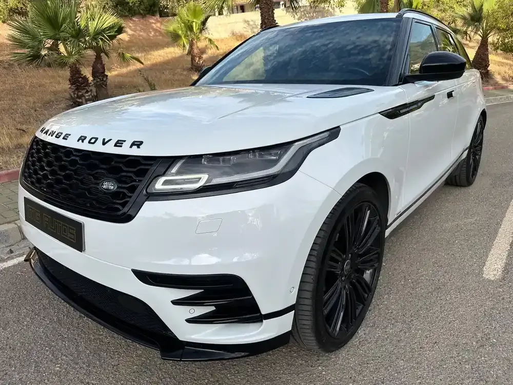 Un SUV Range Rover blanco estacionado al borde de la carretera con palmeras al fondo.