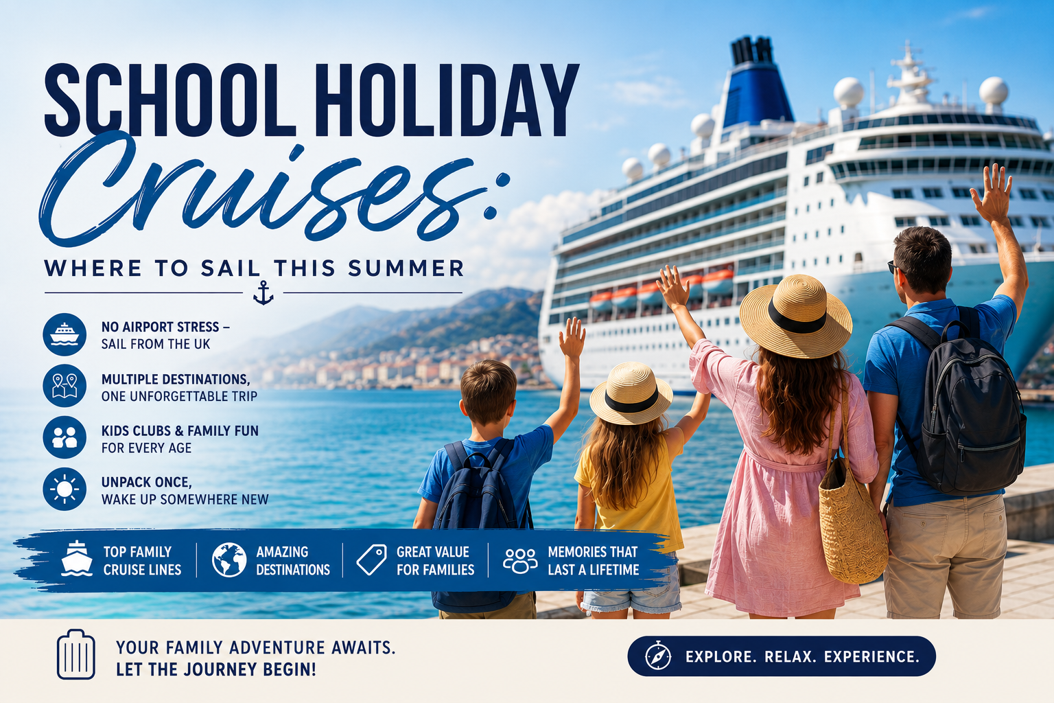 Family enjoying a summer cruise holiday as they board a modern cruise ship, multiple destinations.