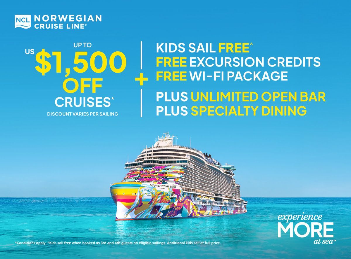 Norwegian cruise line, cruise offers, kids sail free, cruise deals, book now offers, unlimited open bar in the cruise