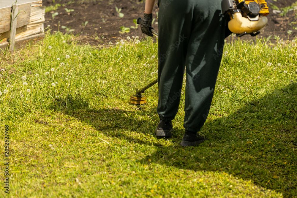 Une personne utilise un souffleur de feuilles jaune sur une pelouse près d'une clôture en bois.