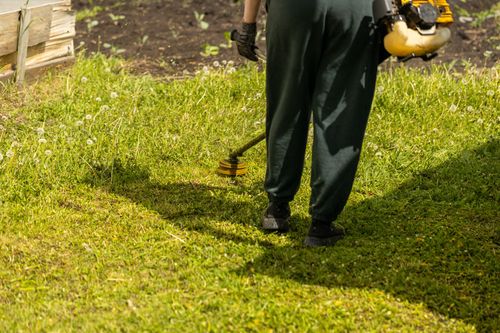 Une personne utilise un souffleur de feuilles jaune sur une pelouse près d'une clôture en bois.