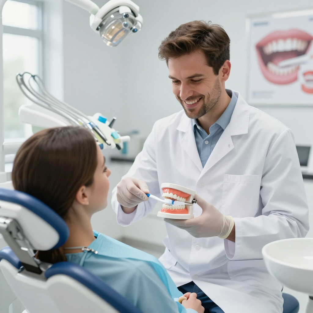 Dentista mostrando un modelo dental a un paciente durante una revisión en una clínica luminosa.