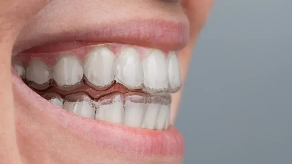 Primer plano de una boca sonriente que muestra los dientes con un alineador o retenedor marrón en los dientes inferiores.