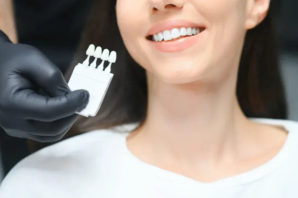 Dentista sosteniendo una guía de colores cerca de los dientes de un paciente sonriente.