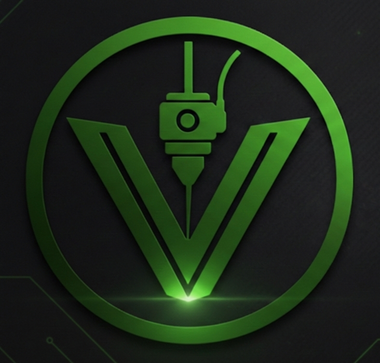Logotipo "V" verde con boquilla de impresora 3D, en un c&iacute;rculo, sobre fondo negro.