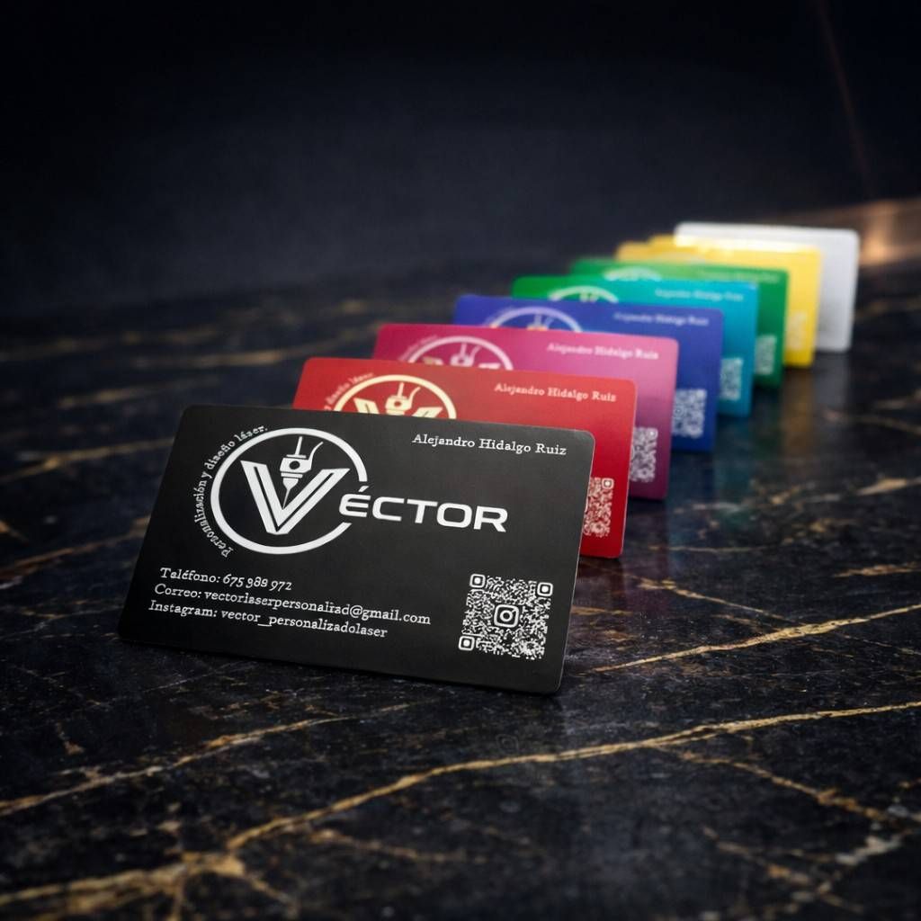 Tarjeta de presentación negra con logotipo blanco, texto y código QR, delante de una fila de tarjetas.