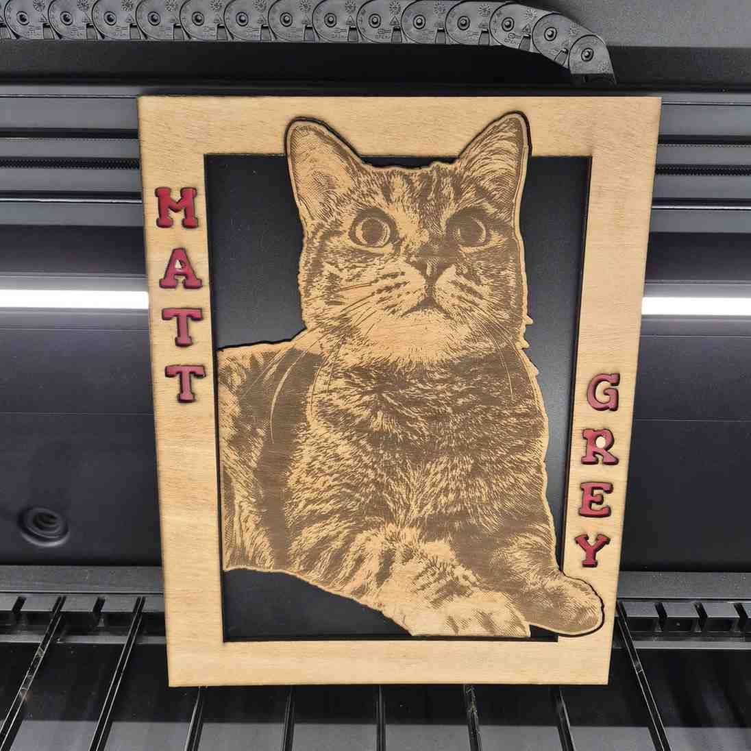 Retrato de gato grabado con láser en marco de madera con 
