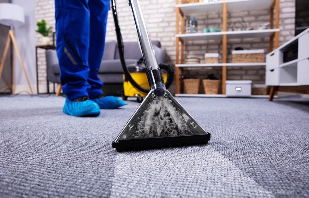 Ein Teppichreiniger verwendet eine Extraktionsdüse auf einem grauen Teppich in einem Zimmer.