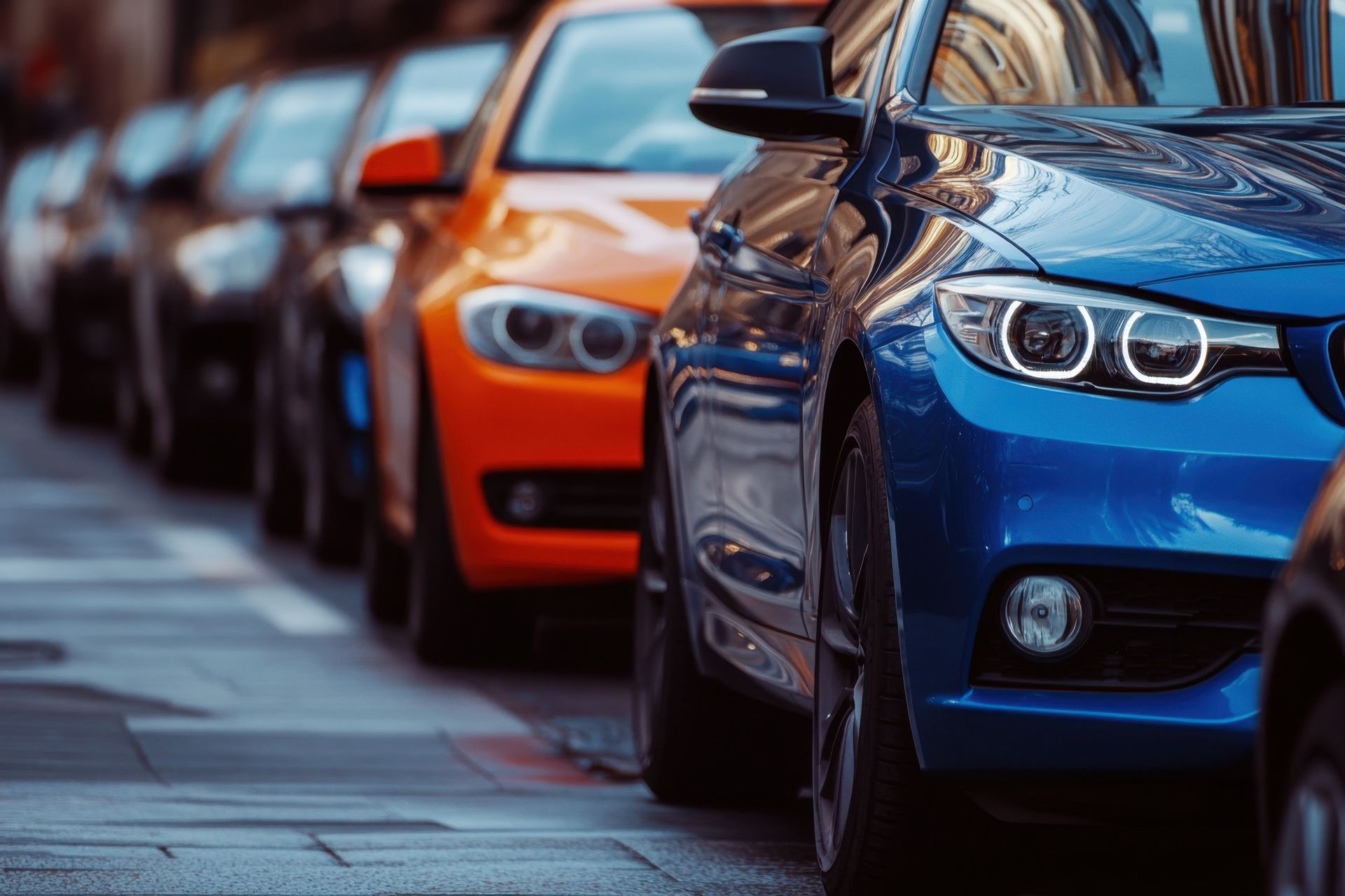 Línea de coches aparcados, de color azul y naranja, en foco en una calle de la ciudad.