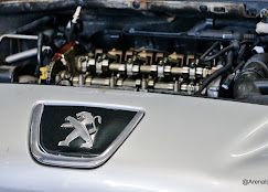 Emblema de automóvil Peugeot con el compartimiento del motor abierto, que muestra los componentes del motor.