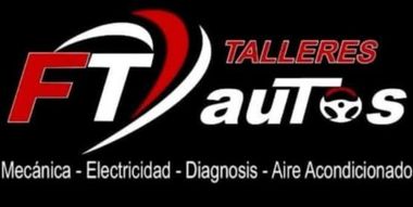 Logotipo del taller FT Autos. "FT" en rojo con curva blanca, texto "TALLERES autos" y servicios listados a continuaci&oacute;n.