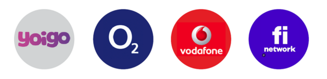 Una fila de círculos con las palabras yoigo o2 fi y lowi en ellos