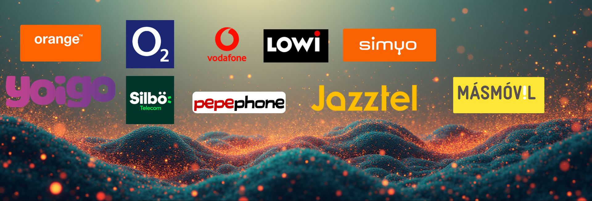 Logotipos de compañías de telecomunicaciones, incluidas Orange, O2, Vodafone, Lowi, Simyo, Yoigo y otras, sobre un paisaje abstracto.
