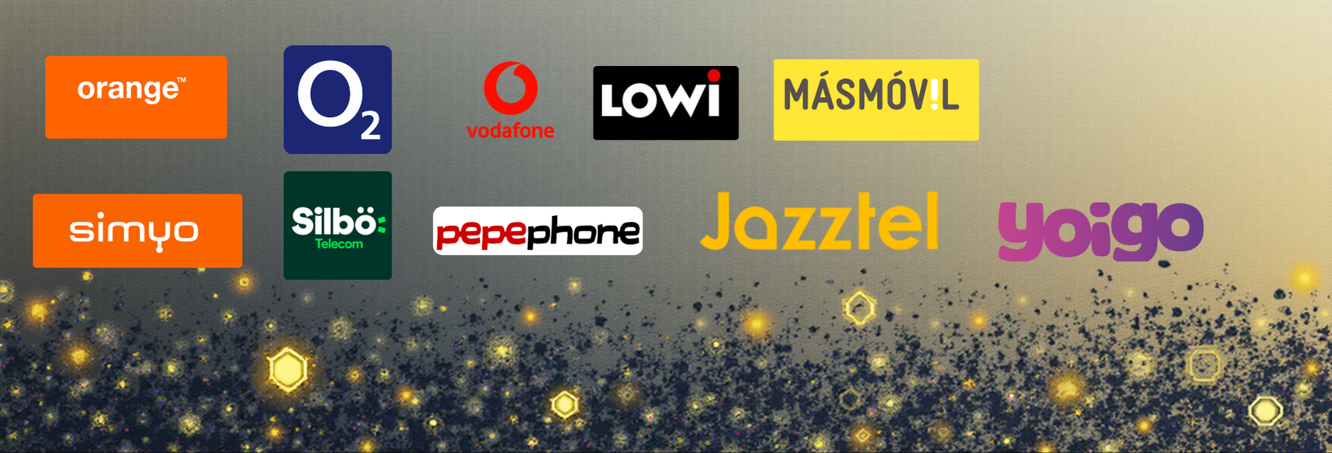 Logotipos de compañías de telecomunicaciones, incluidas Orange, O2, Vodafone, Lowi, Simyo, Yoigo y otras, sobre un paisaje abstracto.
