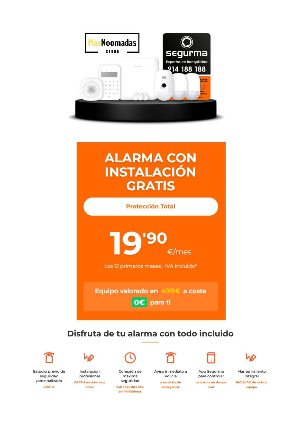 Anuncio de sistema de seguridad para el hogar: fondo naranja, equipo de alarma y detalles de precios.