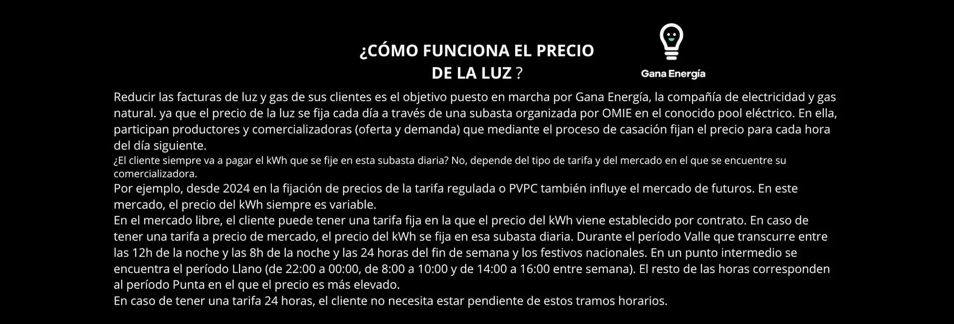 Texto sobre fondo negro:¿Cómo funciona el precio de la luz? e información en español. Un icono de bombilla se encuentra en la esquina superior derecha.