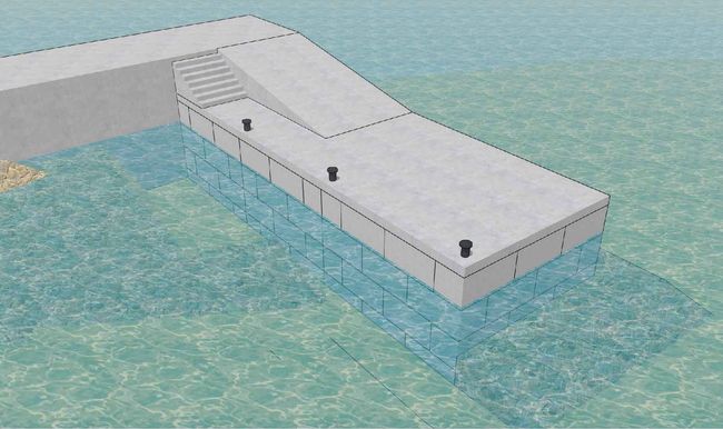 Una imagen generada por computadora de un muelle en medio del océano.